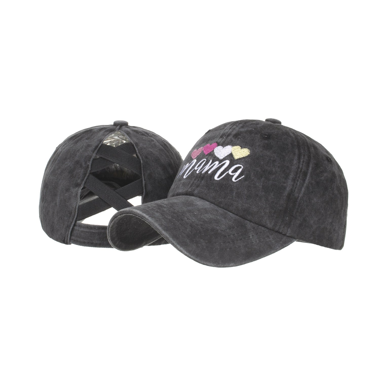 Wholesale Heart Embroidered Double Cross Elastic Net Ponytail Baseball Cap