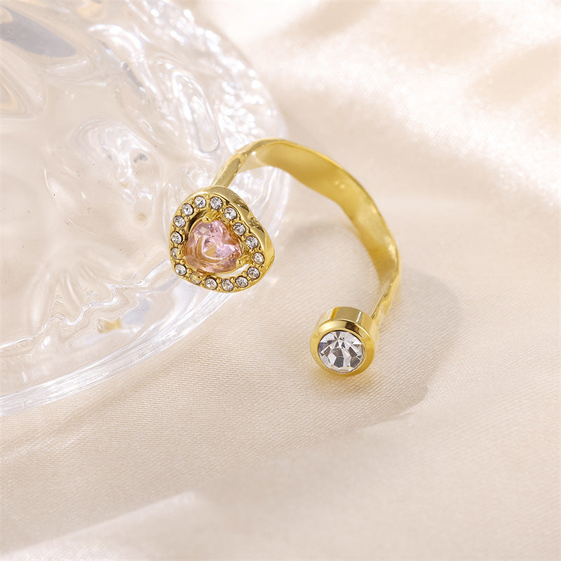 Wholesale Stainless Steel Diamond Inlaid Heart Adjustable Zircon Ring