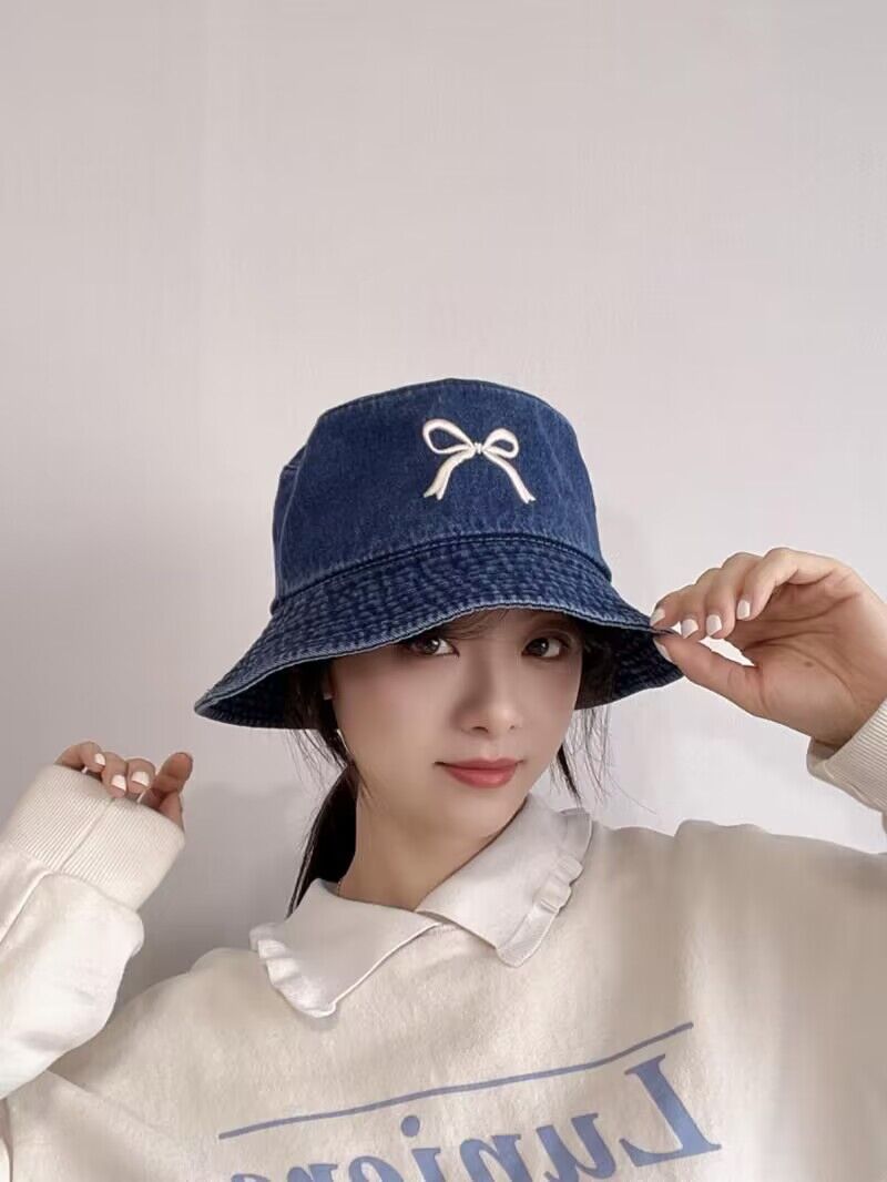 Wholesale Embroidered Bow Distressed Washed Denim Bucket Hat