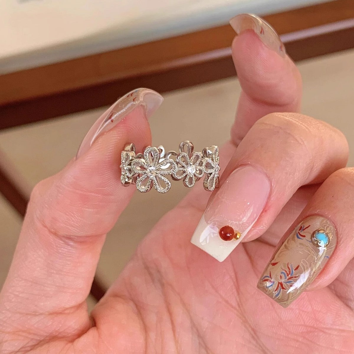 Wholesale Copper Zircon Lace Hollow Five-Petal Flower Ring