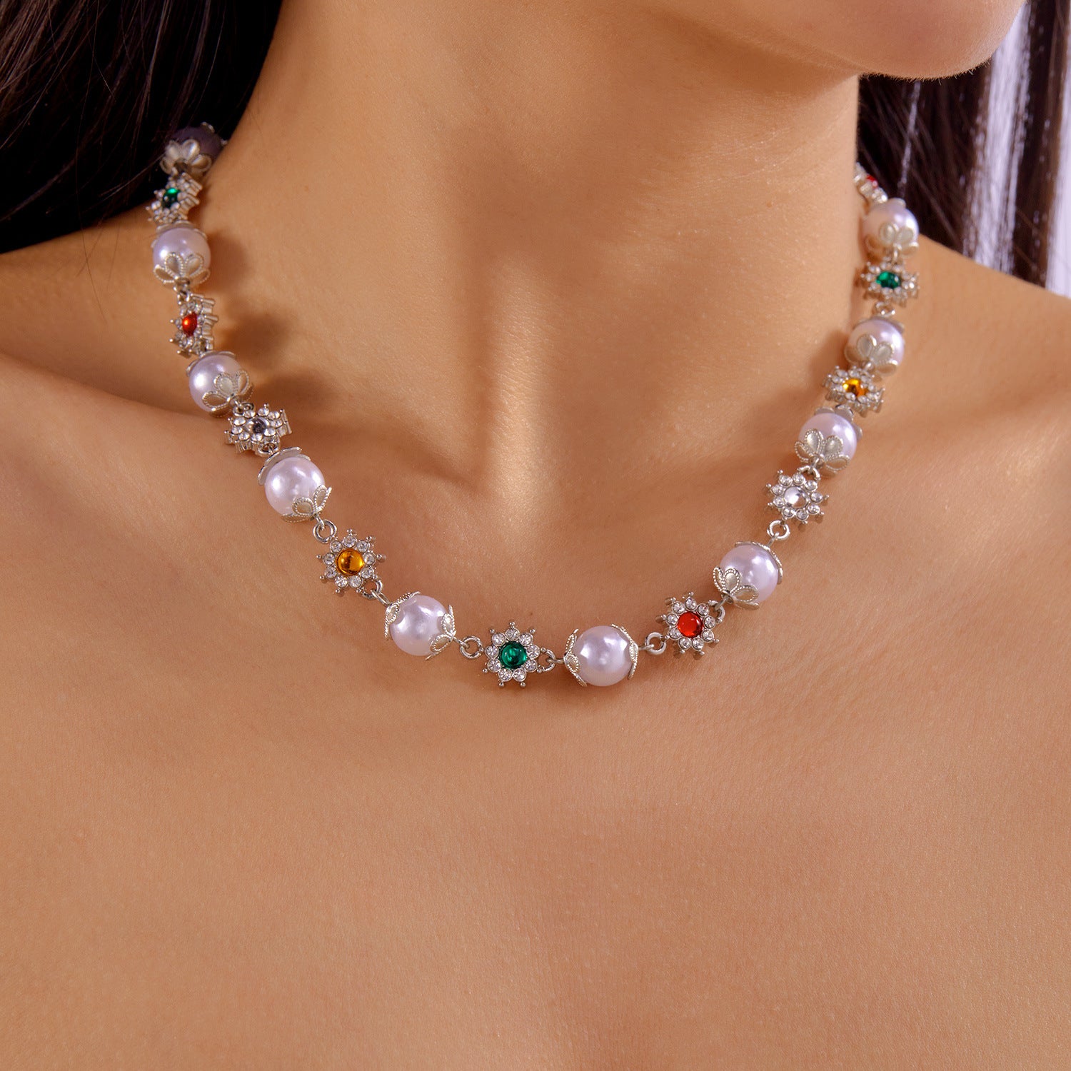 Pearl Diamond Flower Necklace Dopamine Clavicle Chain