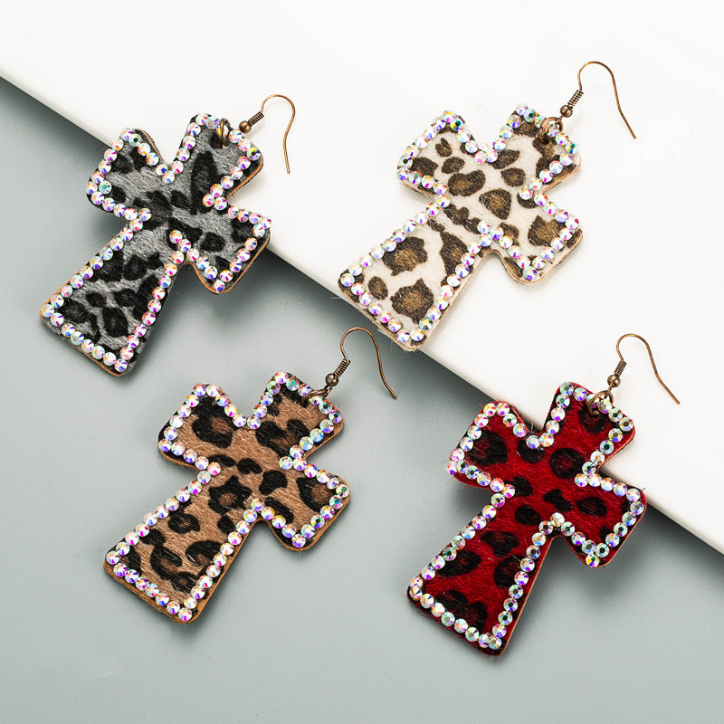 Wholesale Leopard Cross Set Diamond Leather Earrings