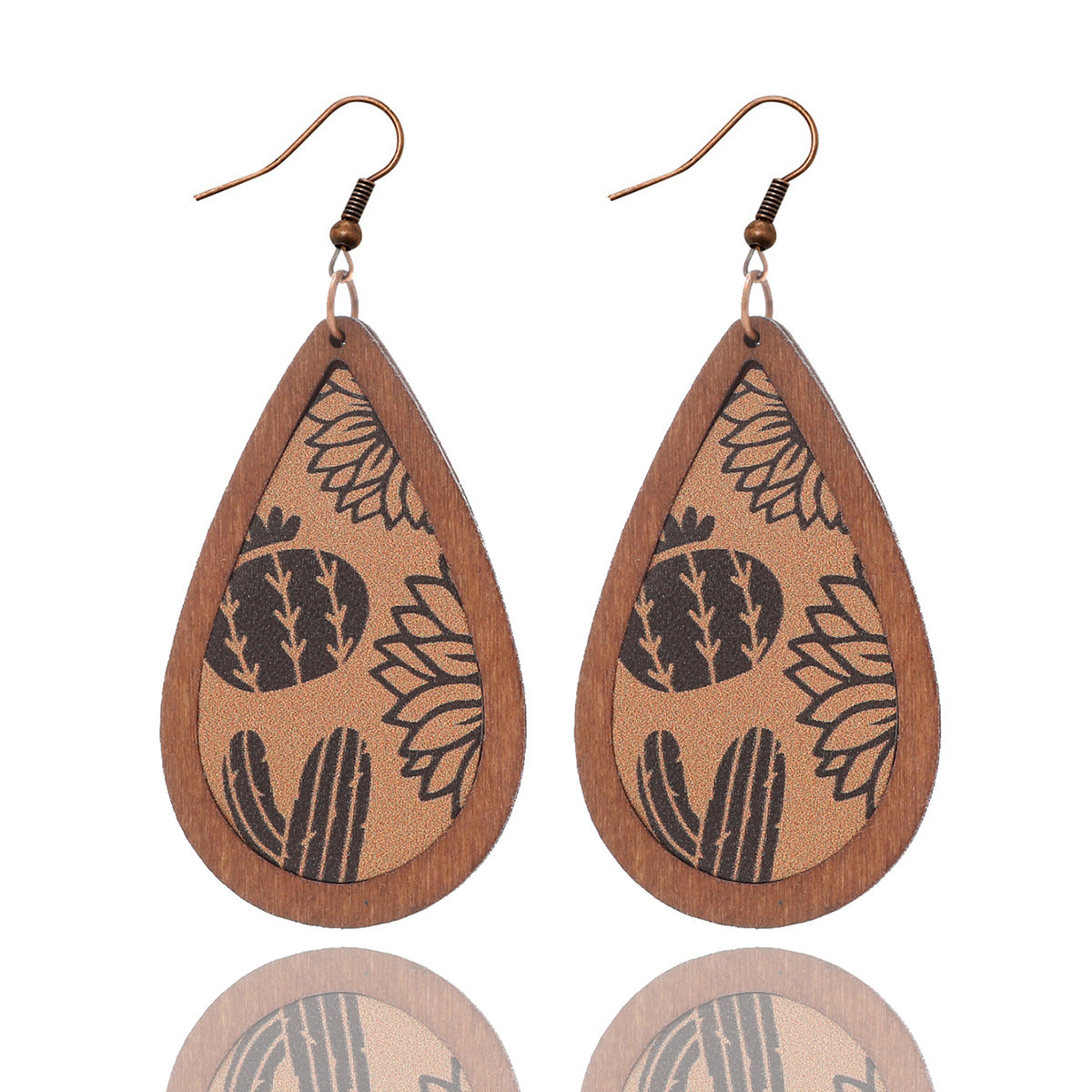 Wholesale Western farm style cowboy cactus bull head retro totem pattern leather wood earrings
