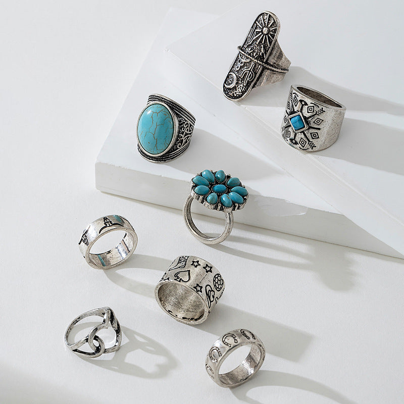 Wholesale Retro exaggerated western style distressed silver turquoise geometric ring set