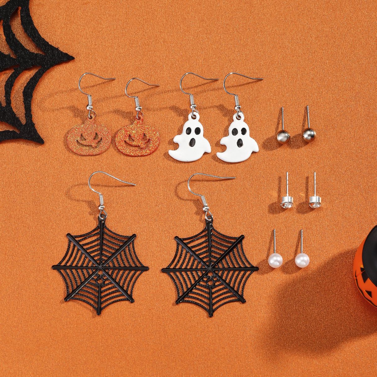 Wholesale Halloween 6 Pairs of Spider Web Pumpkin Ghost Earrings