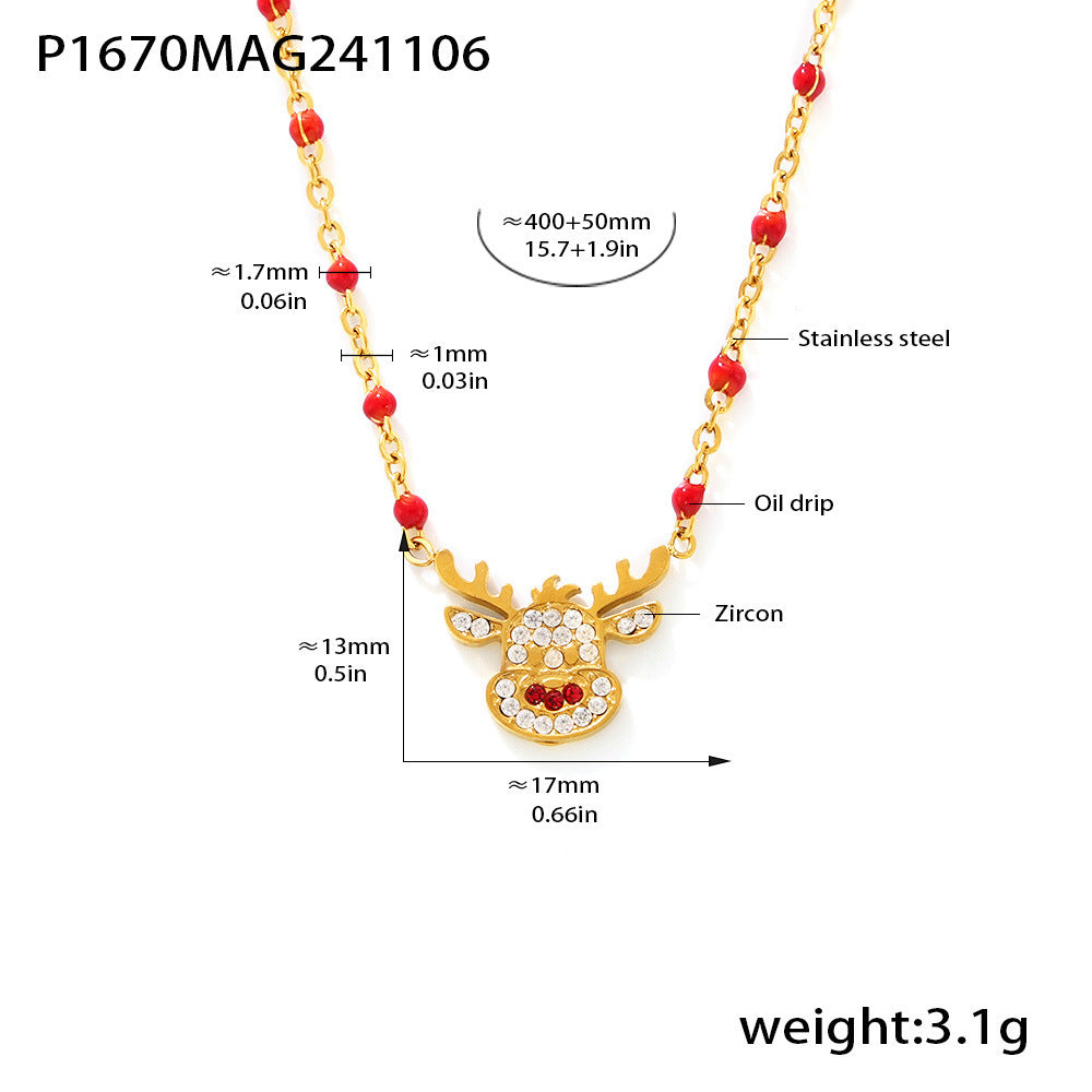 Wholesale Stainless steel 18K real gold plated Christmas enamel zircon necklace