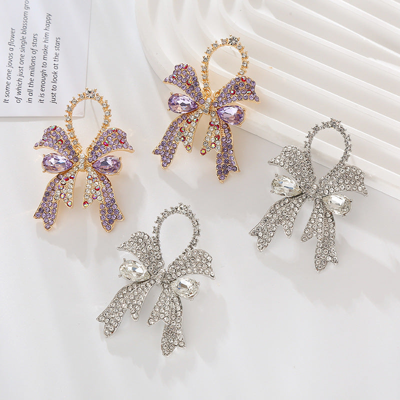 Wholesale new fashion high-end sense full diamond bow silver needle earrings women's exquisite elegant colored diamond ear jewelry