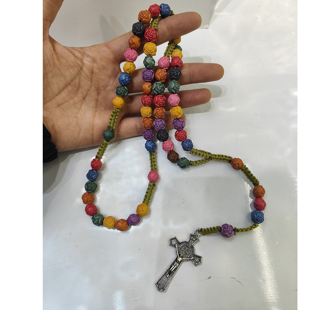 Wholesale Colorful Rose Beads Cross Rosary Handmade Prayer Beads
