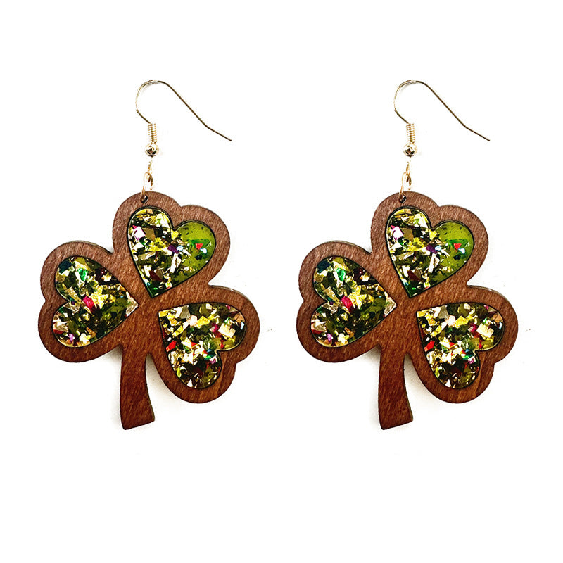 Wholesale Clover Acrylic St. Patrick's Day Wood Texture Inlay Holiday Earrings