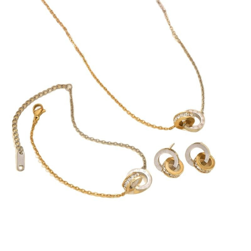 Wholesale Stainless steel gold and silver two tone circular single row rhinestone necklace  bracelet  and earrings
