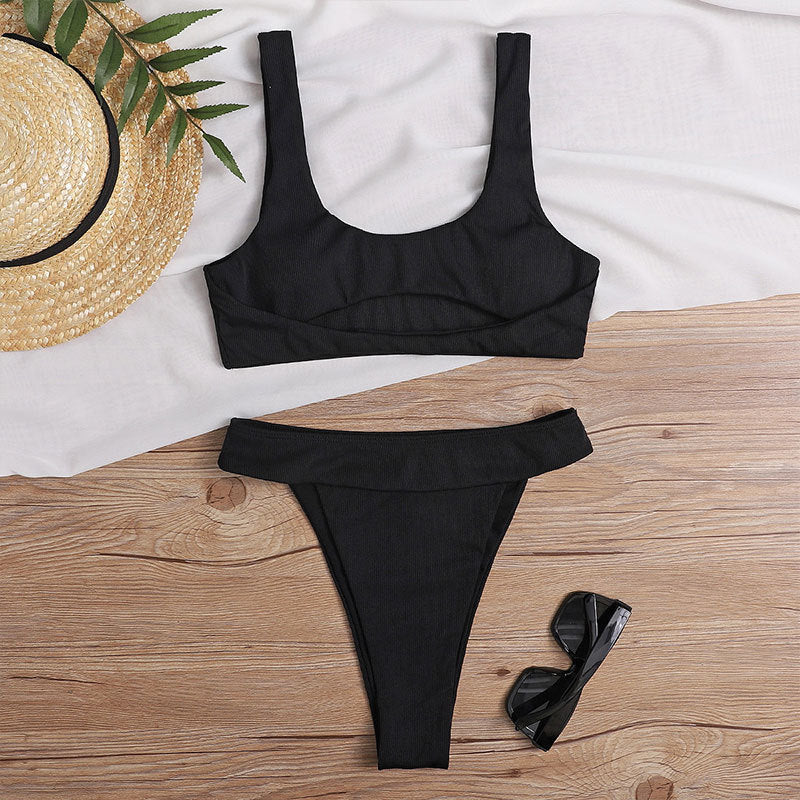 Wholesale Solid Color Pit Strip Split U-Neck Vest Triangle Swimwear