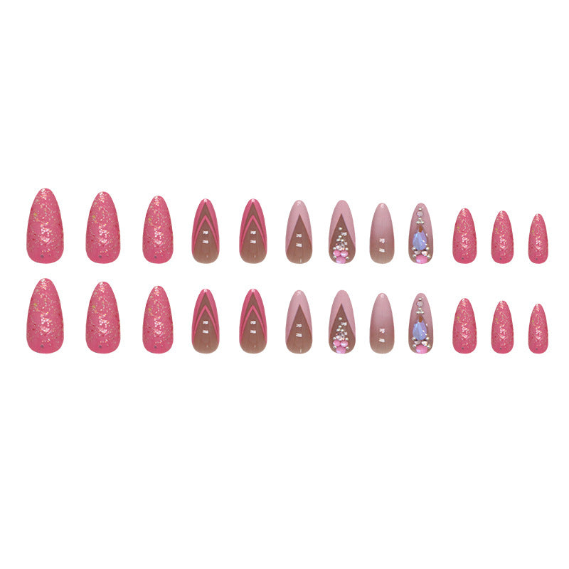 Wholesale Almond nail rose pink double layer French glitter Press-on Nails
