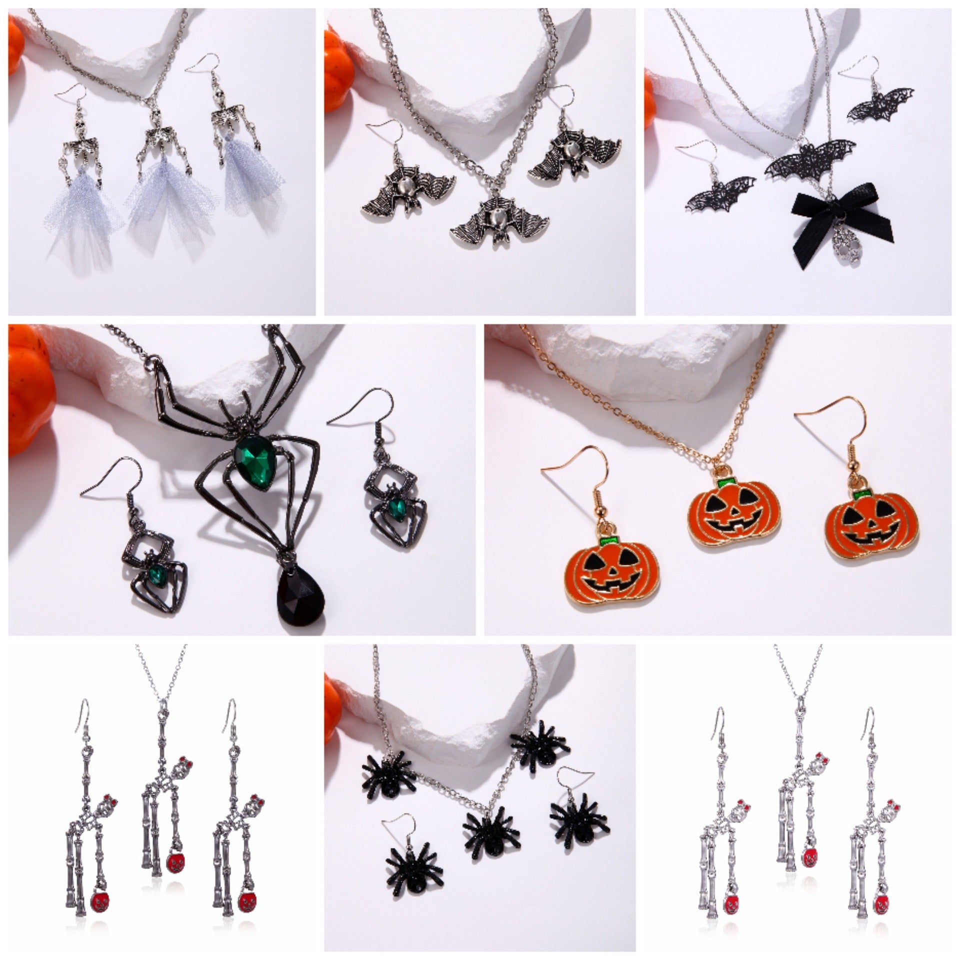 Wholesale Emerald Green   Bat Skull Design Zinc Alloy Earrings Necklace Jewelry Set Fashion Accessory Gift