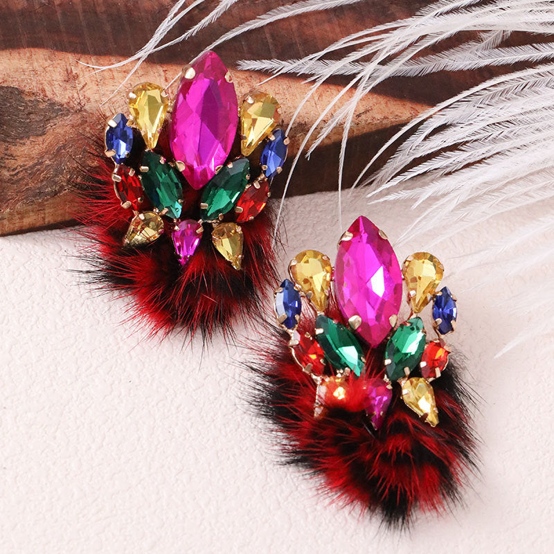 Wholesale Plush Ball Colorful Rhinestone Earrings