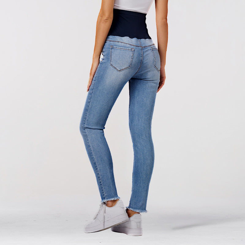 Wholesale Washed Blue Pregnant Women's Tight Polyester Jeans