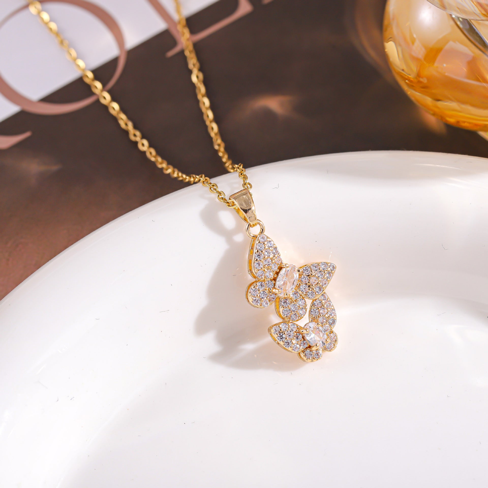 Wholesale fashion jewelry pendant colorful full diamond double butterfly necklace