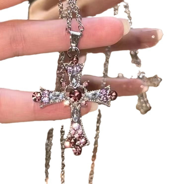 Wholesale Gothic Bohemian Style Crystal Diamond Color Cross Pendant European and American Festival Jewelry Girl's Collarbone Necklace