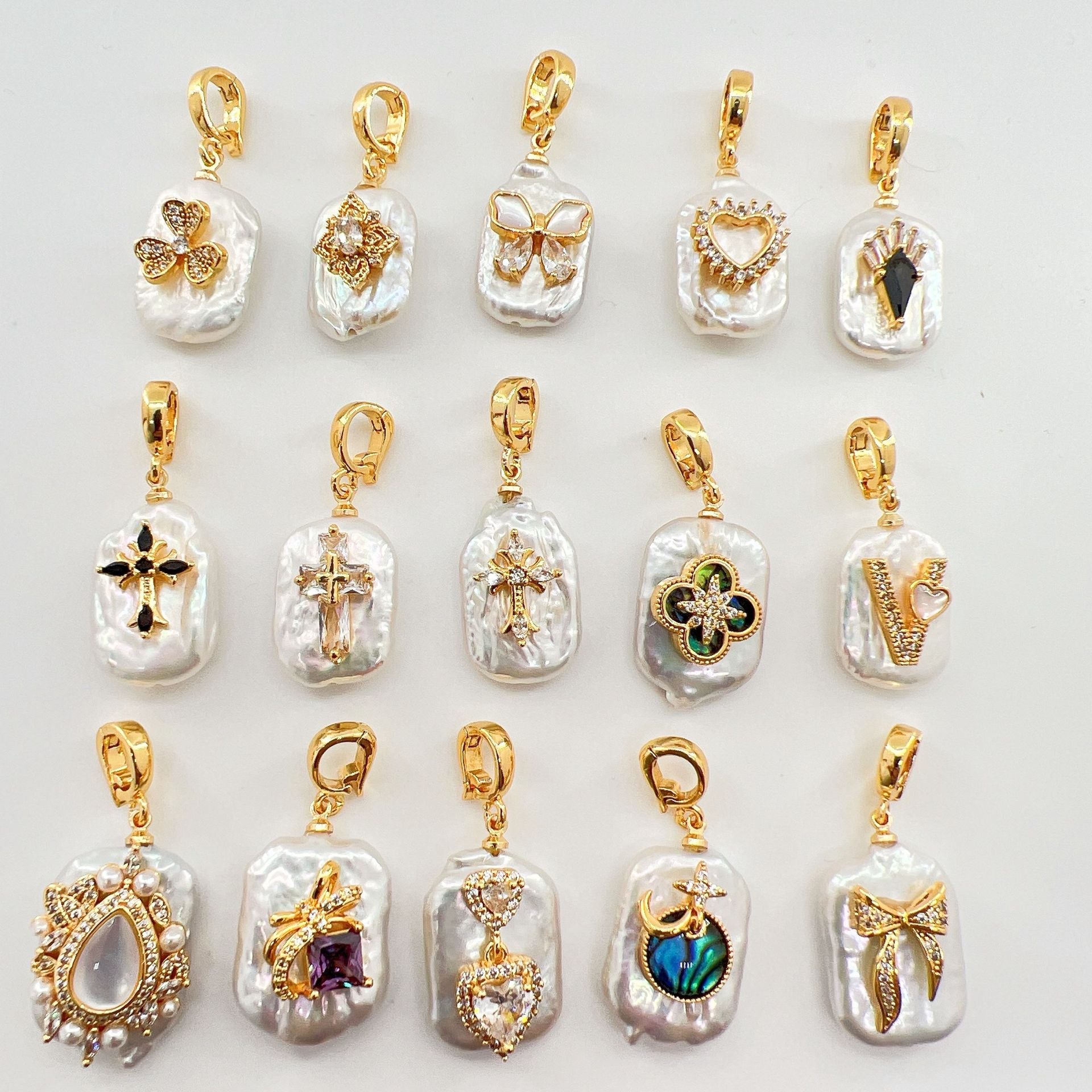 Wholesale Copper gold plated inlaid pearl shell cross butterfly heart pendant