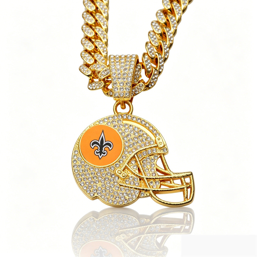 Wholesale Gold Tone Rhinestone Football Helmet Pendant Necklace Zinc Alloy Cuban Chain Trendy Boutique Jewelry Accessory