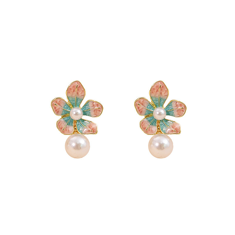 Wholesale Drip Oil Flower Pearls Enamel Pink Blue Petals Alloy Earrings