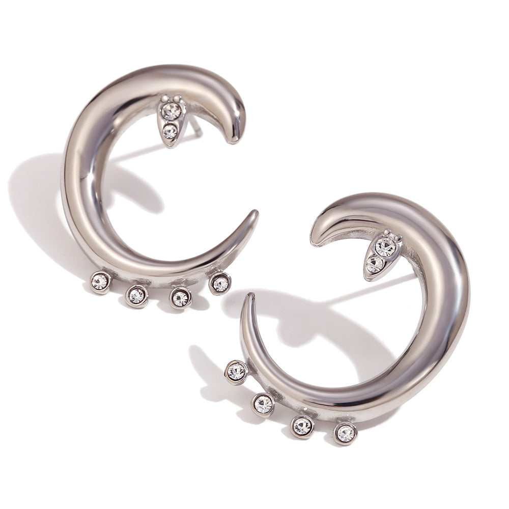 Wholesale Gold micro-inlaid geometric hollow crescent Stainless Steel Earrings