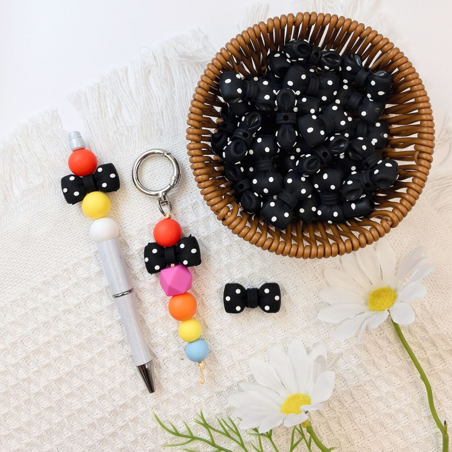 Wholesale 10pcs 3D Black Dot Red Dot Bow New Three-dimensional Silicone Cute Cartoon DYI Beads