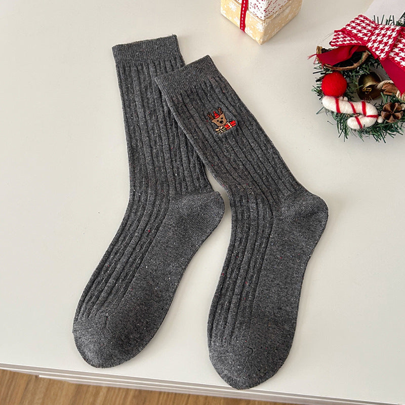 Wholesale Mid Tube Autumn and Winter Fried Dough Twists Pattern Christmas Socks Snowman Embroidery Versatile Socks