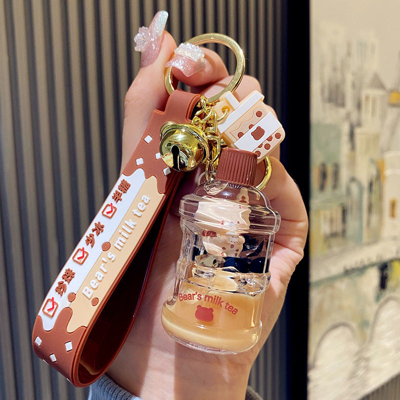 Wholesale bubble tea keychain floating small bear liquid quicksand pendant