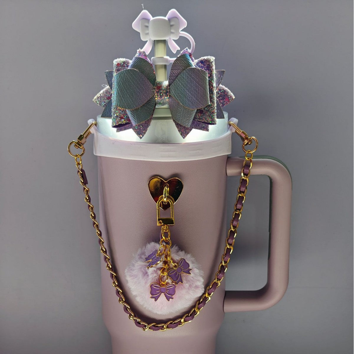 Wholesale mug accessories portable chain bow straw decorative silicone cup set cup chain flower pendant
