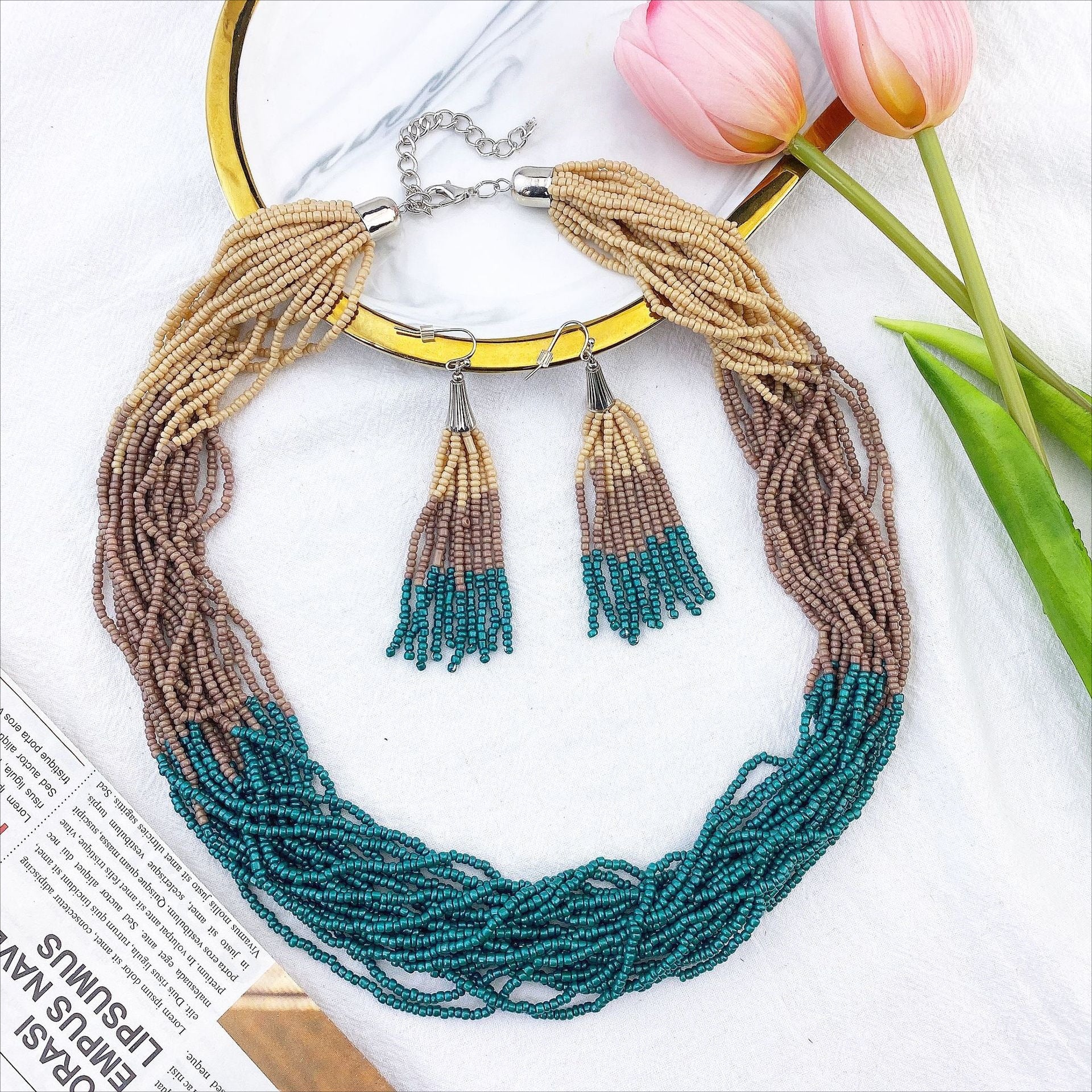 Wholesale Fashion Multi-layer Mixed Color Rice Bead Tassel Earrings Necklace