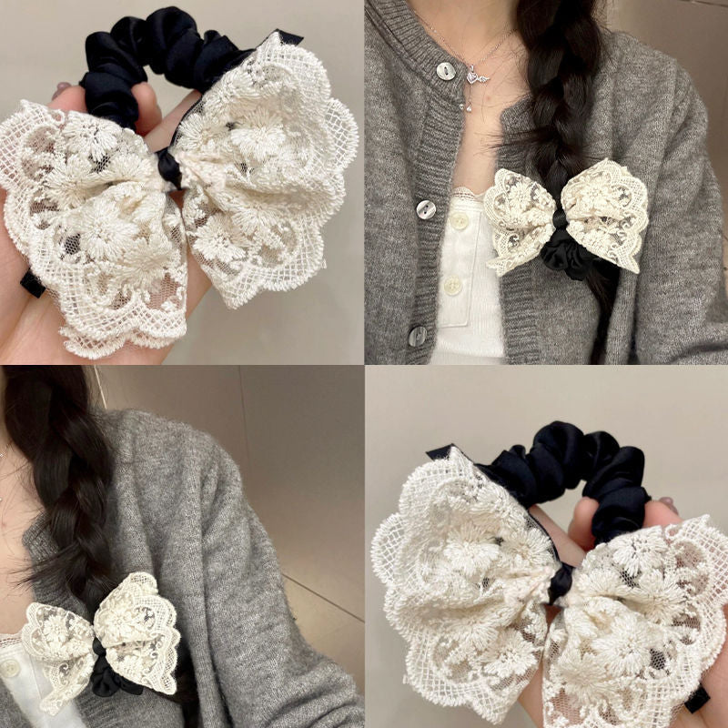 Wholesale Sweet Bow Thousand Gold Hair Ring Lace Double Gentle Rubber Tendon Fashion Embroidered Vintage Hair Rope Elegant