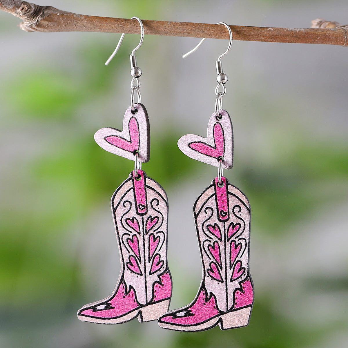 Wholesale Western style pink heart tassel cowboy boots pendant wooden double-sided earrings