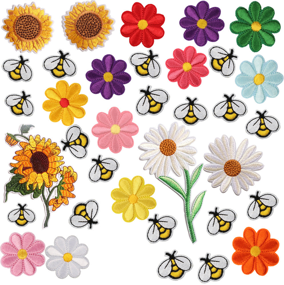 Wholesale Polyester Embroidery Patch Set Sunflower Bee Iron On Clothing DIY Accessory