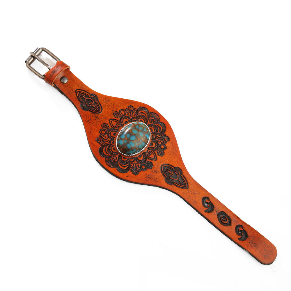 Wholesale Genuine Leather Bracelet Inlaid with Blue Turquoise Retro Bracelet