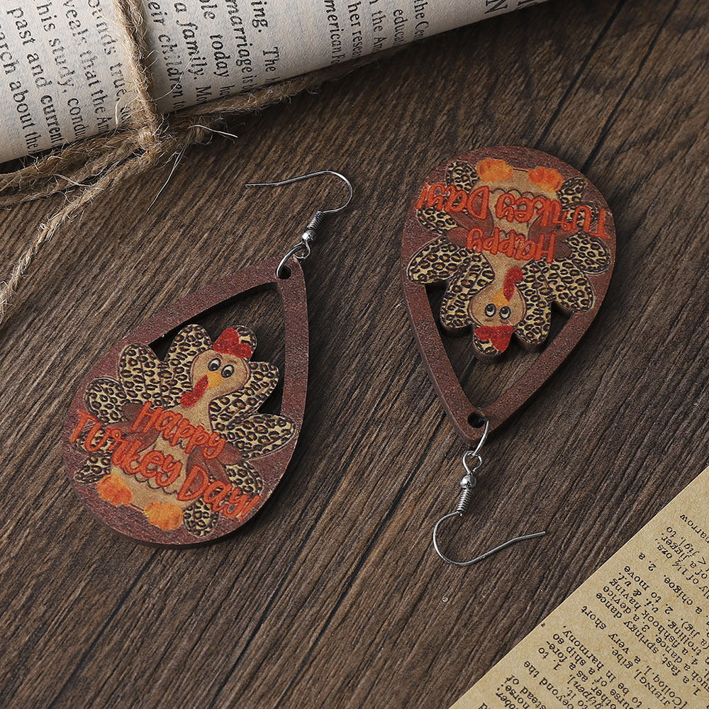 Wholesale Thanksgiving Leopard Print Turkey Teardrop Hollow Pendant Earrings Wooden Earrings