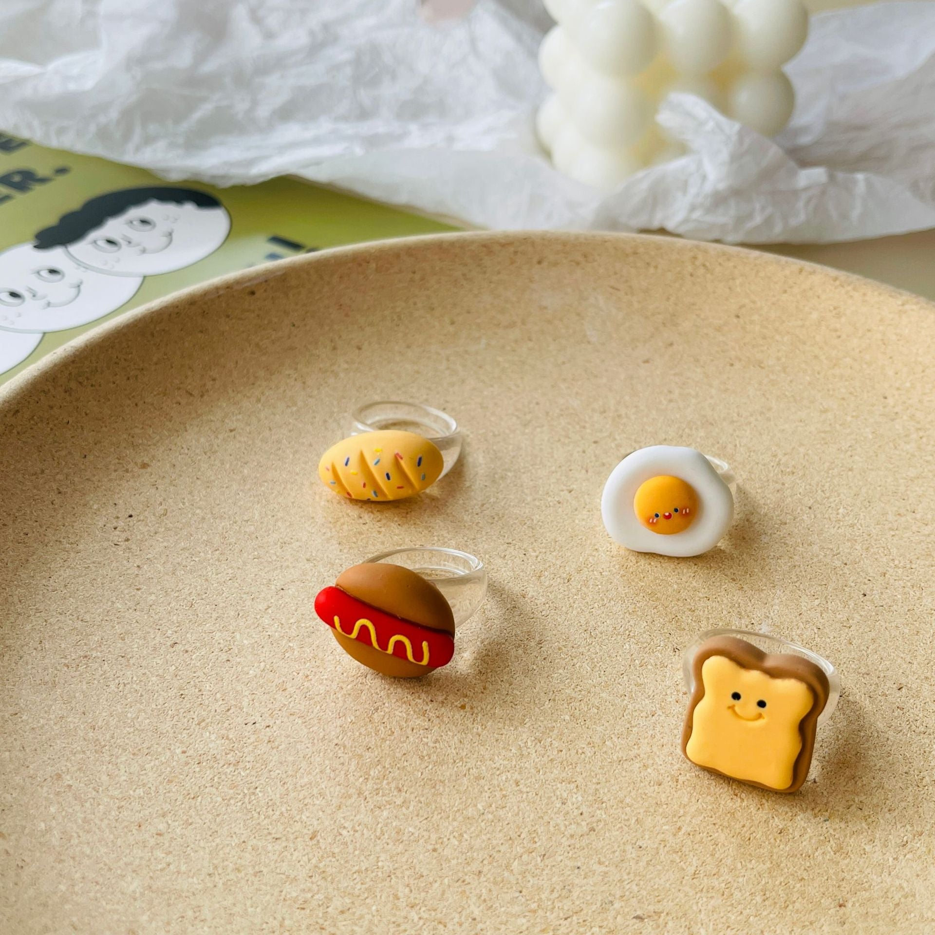 Wholesale Japanese fun food cute croissant pizza toast grape tart resin ring