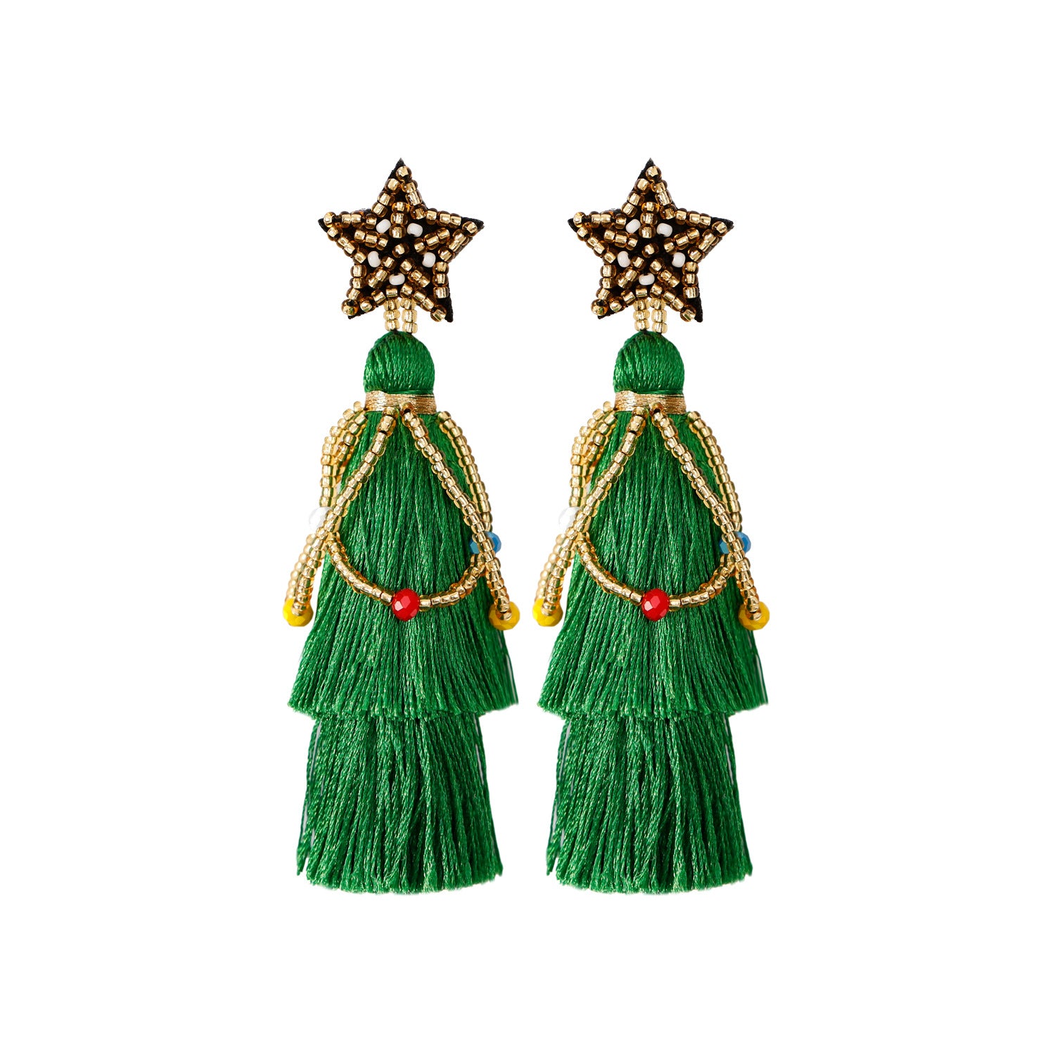 Wholesale Ethnic Style Tassel Christmas Earrings Rice Beads Five-pointed Star Hand-woven Earrings