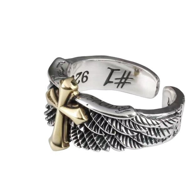 Wholesale Retro S925 wings cross graffiti letters open ring domineering personality men's ring