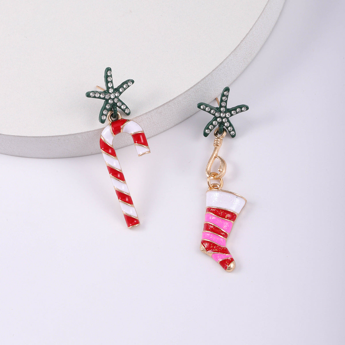 Wholesale Christmas Walking Stick Alloy Diamond and Rice Bead Earrings