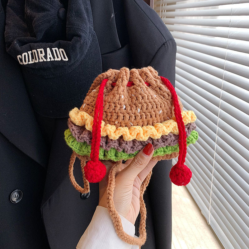 Wholesale Hamburger Woolen Bag Hand-knitted Drawstring Headphone Lipstick Bag Children's Crossbody Bag
