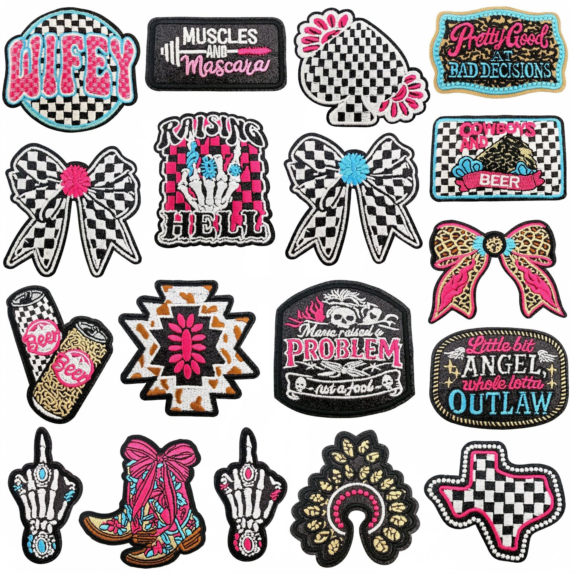 Wholesale Chic Embroidered Patch Set Of 18 Polyester Thread Cowboy Skull Bow Checkerboard DIY Craft Supply For Clothing Decoration