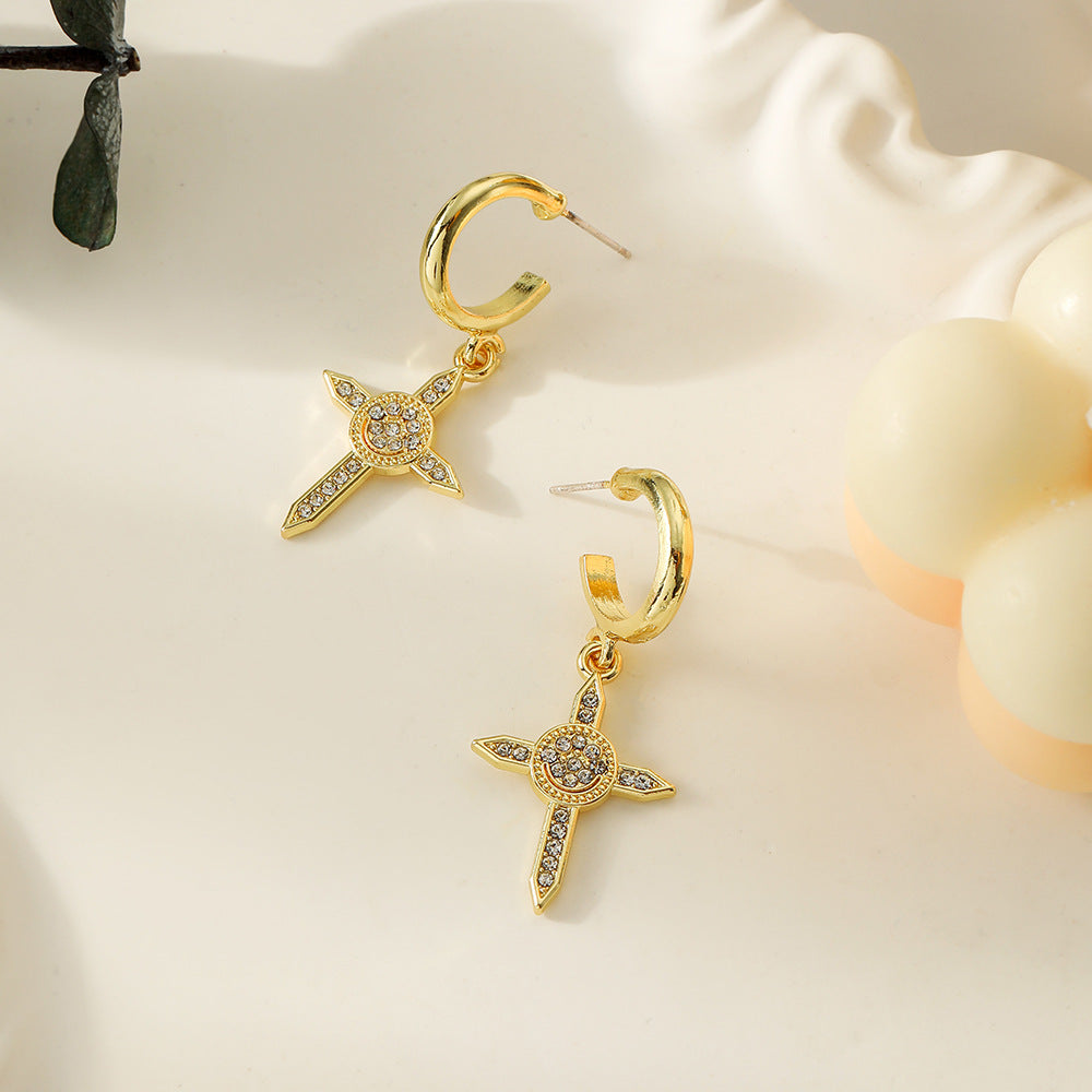 Wholesale Cross Full Diamond C Shape Metal Earrings