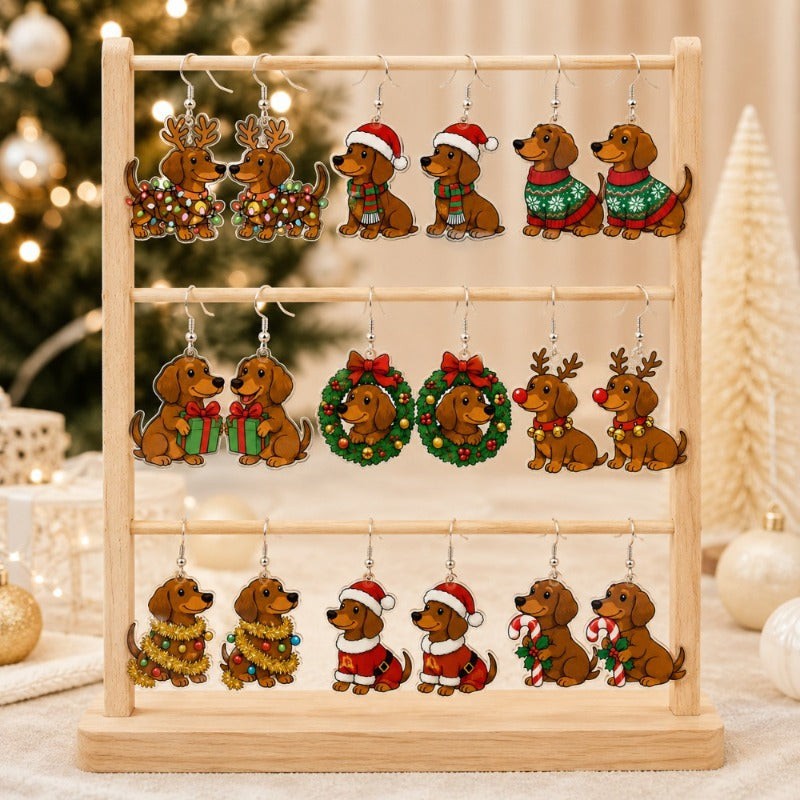 Wholesale Trendy Acrylic Pendant Earrings Reindeer Dachshund Red Green Contrast Jewelry Accessory