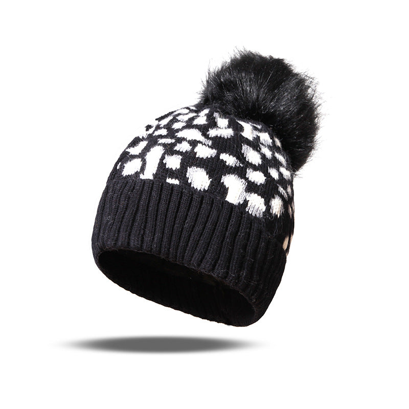 Wholesale Autumn and Winter Knitted Hat Leopard Print Wool Ball Beanie