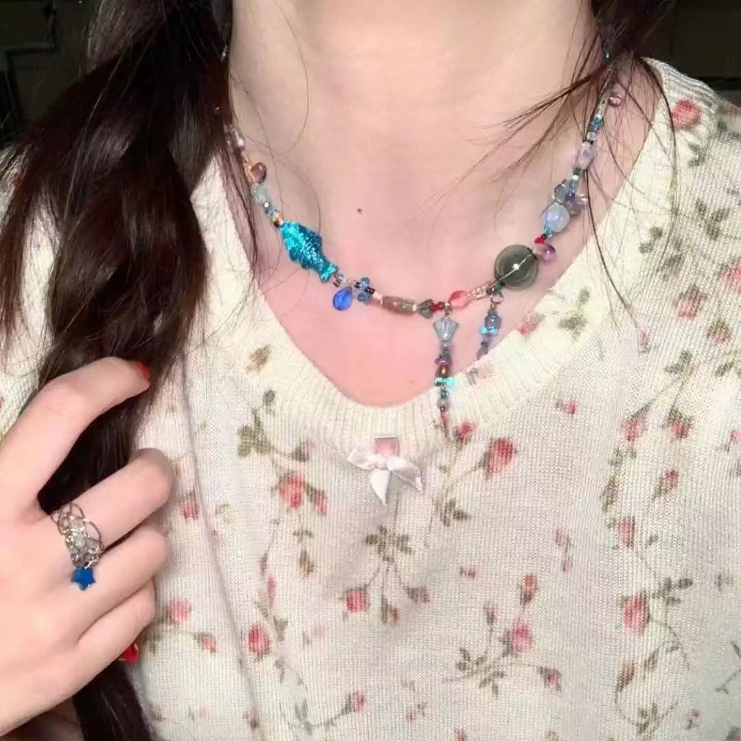 Wholesale Summer Dopamine Colorful Beaded Bow Clavicle Necklace