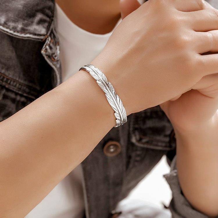 Wholesale Plain Silver Feather Men's Bracelet