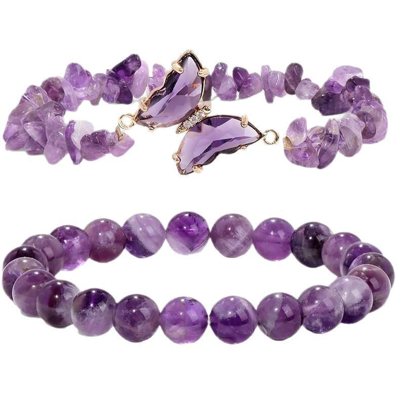 Wholesale  Natural Stone Amethyst Butterfly Pendant Layered Bracelet Set