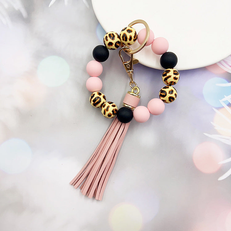 Wholesale Leopard Print Wood Beads Silicone Beaded Bracelet Tassel Key Ring