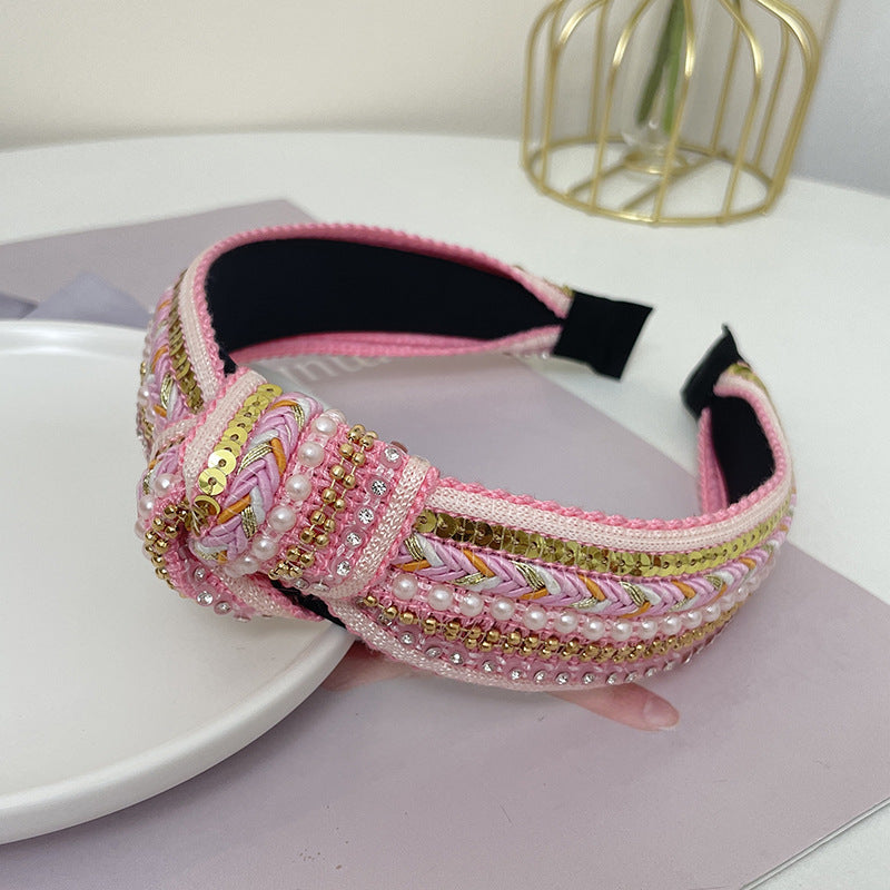 Wholesale Korea Studded Pearl Sequins National Pneumatic Drill Wide-brimmed Knot Hairband
