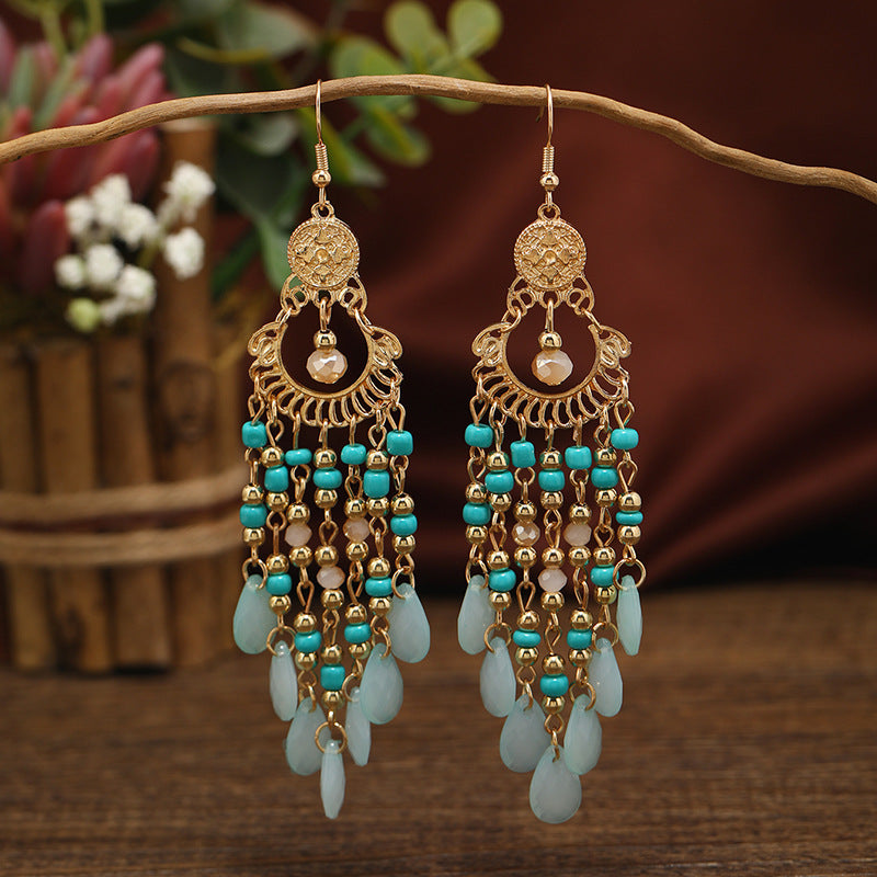 Wholesale Chinese Style Multi-layered Water Drop Rice Beads Tassel Female Creative Retro  Acrylic Earrings